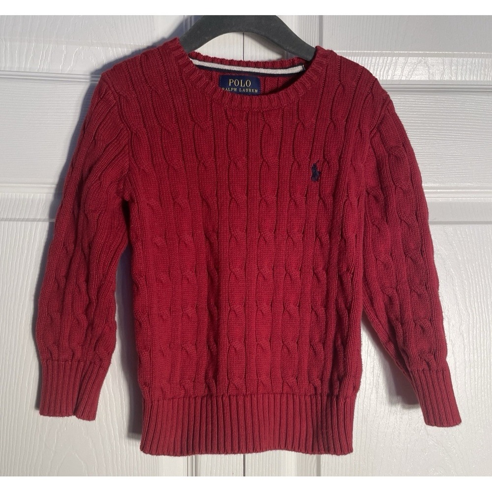 Polo Ralph Lauren‎ Cable Knit Sweater Kids 4 Red Embroidered Pony Logo Preppy